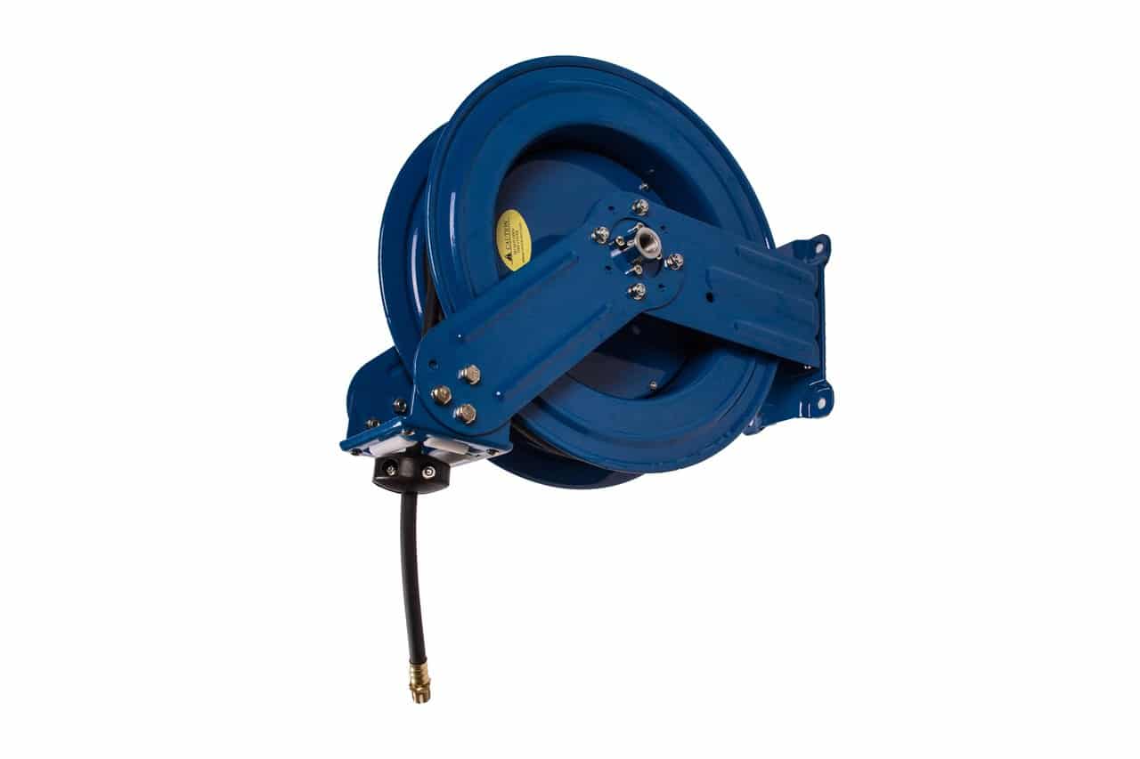 HOSE REEL,  1/2 X 50 FT, 1/2" INLET X 1/2" NPT OUTLET,  BLUE, DUAL ARM, ALL METAL, RAPIDAIR